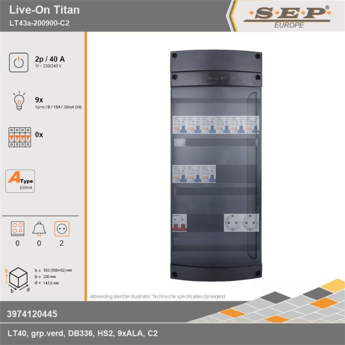 SEP Europe - Live-On Titan, LT43a-200900-C2, 40A, 1-fase groepenkast, 9-lichtgroepen,  2V-contactdoos, technische gegevens