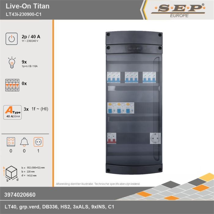 SEP Europe - Live-On Titan, LT43i-230900-C1, 40A, 1-fase groepenkast, 9-lichtgroepen,  1V-contactdoos, technische gegevens