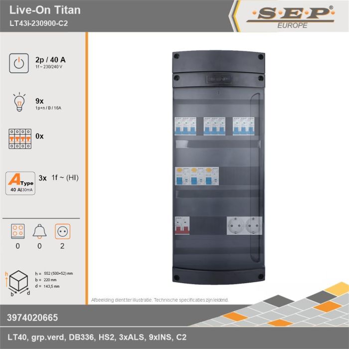 SEP Europe - Live-On Titan, LT43i-230900-C2, 40A, 1-fase groepenkast, 9-lichtgroepen,  2V-contactdoos, technische gegevens
