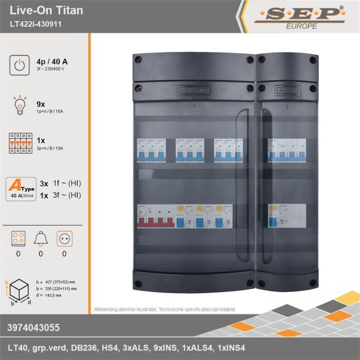 SEP Europe - Live-On Titan, LT422i-430911, 40A, 3-fase groepenkast, 9-lichtgroepen, 1-krachtgroepen, technische gegevens