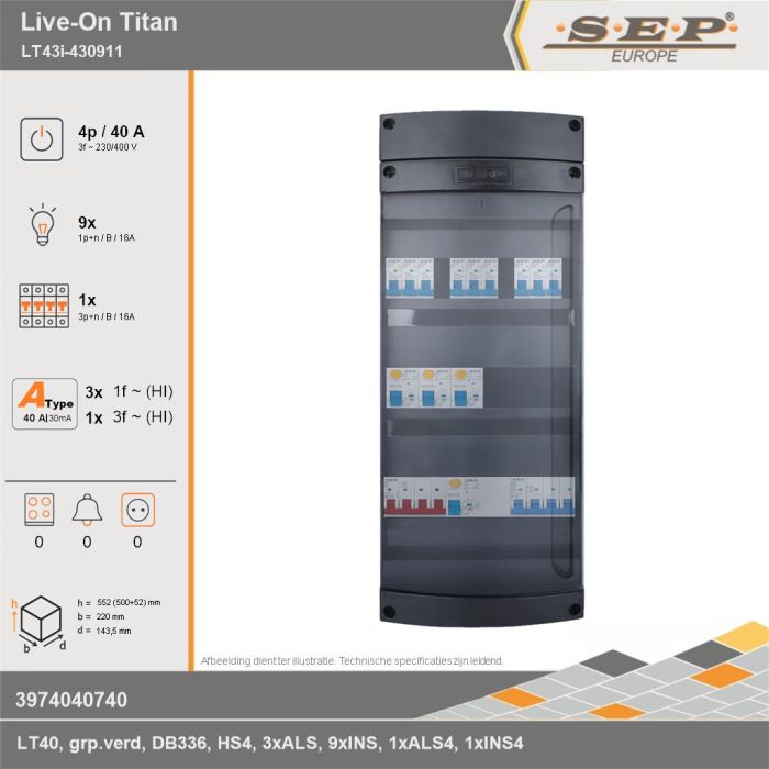 SEP Europe - Live-On Titan, LT43i-430911, 40A, 3-fase groepenkast, 9-lichtgroepen, 1-krachtgroepen, technische gegevens