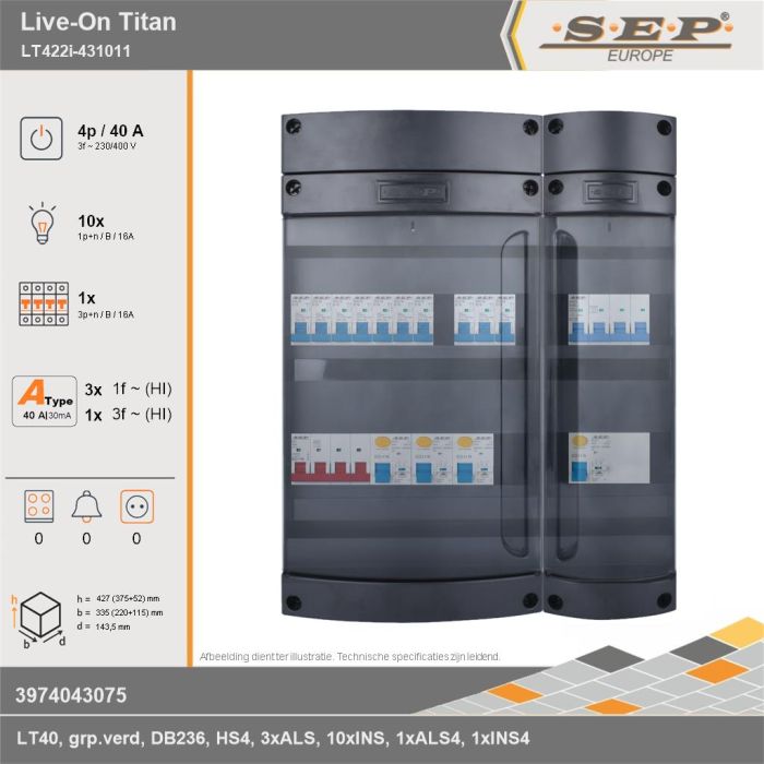 SEP Europe - Live-On Titan, LT422i-431011, 40A, 3-fase groepenkast, 10-lichtgroepen, 1-krachtgroepen, technische gegevens