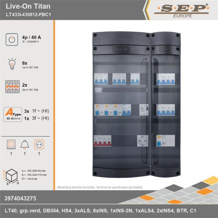 SEP Europe - Live-On Titan, LT433i-430812-FBC1, 40A, 3-fase groepenkast, 8-lichtgroepen, 2-krachtgroepen, 1-fornuisgroep, 1-beltrafo,  1V-contactdoos, technische gegevens
