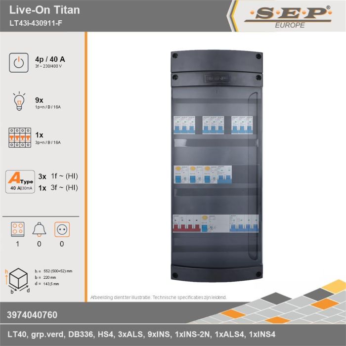 SEP Europe - Live-On Titan, LT43i-430911-F, 40A, 3-fase groepenkast, 9-lichtgroepen, 1-krachtgroepen, 1-fornuisgroep, technische gegevens