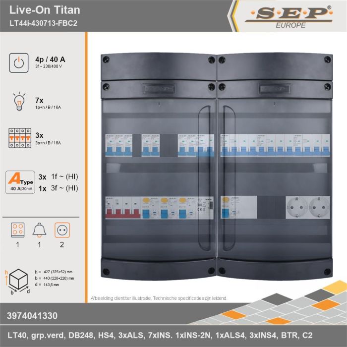 SEP Europe - Live-On Titan, LT44i-430713-FBC2, 40A, 3-fase groepenkast, 7-lichtgroepen, 3-krachtgroepen, 1-fornuisgroep, 1-beltrafo,  2V-contactdoos, technische gegevens