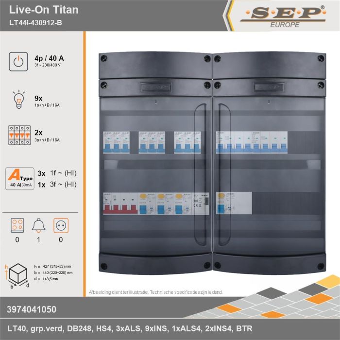 SEP Europe - Live-On Titan, LT44i-430912-B, 40A, 3-fase groepenkast, 9-lichtgroepen, 2-krachtgroepen, 1-beltrafo, technische gegevens