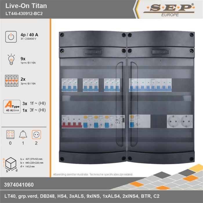 SEP Europe - Live-On Titan, LT44i-430912-BC2, 40A, 3-fase groepenkast, 9-lichtgroepen, 2-krachtgroepen, 1-beltrafo,  2V-contactdoos, technische gegevens