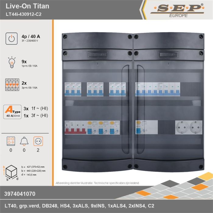 SEP Europe - Live-On Titan, LT44i-430912-C2, 40A, 3-fase groepenkast, 9-lichtgroepen, 2-krachtgroepen,  2V-contactdoos, technische gegevens