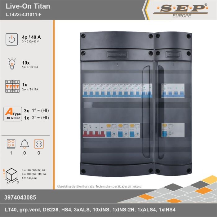 SEP Europe - Live-On Titan, LT422i-431011-F, 40A, 3-fase groepenkast, 10-lichtgroepen, 1-krachtgroepen, 1-fornuisgroep, technische gegevens