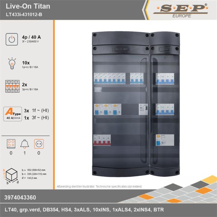 SEP Europe - Live-On Titan, LT433i-431012-B, 40A, 3-fase groepenkast, 10-lichtgroepen, 2-krachtgroepen, 1-beltrafo, technische gegevens