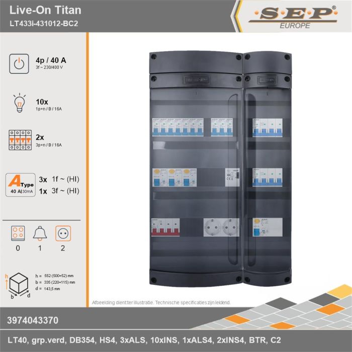 SEP Europe - Live-On Titan, LT433i-431012-BC2, 40A, 3-fase groepenkast, 10-lichtgroepen, 2-krachtgroepen, 1-beltrafo,  2V-contactdoos, technische gegevens