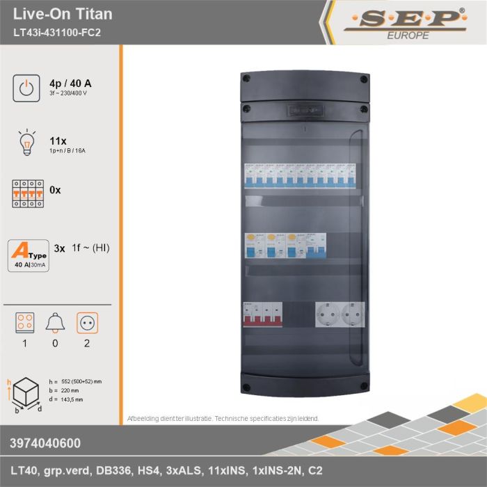 SEP Europe - Live-On Titan, LT43i-431100-FC2, 40A, 3-fase groepenkast, 11-lichtgroepen, 1-fornuisgroep,  2V-contactdoos, technische gegevens