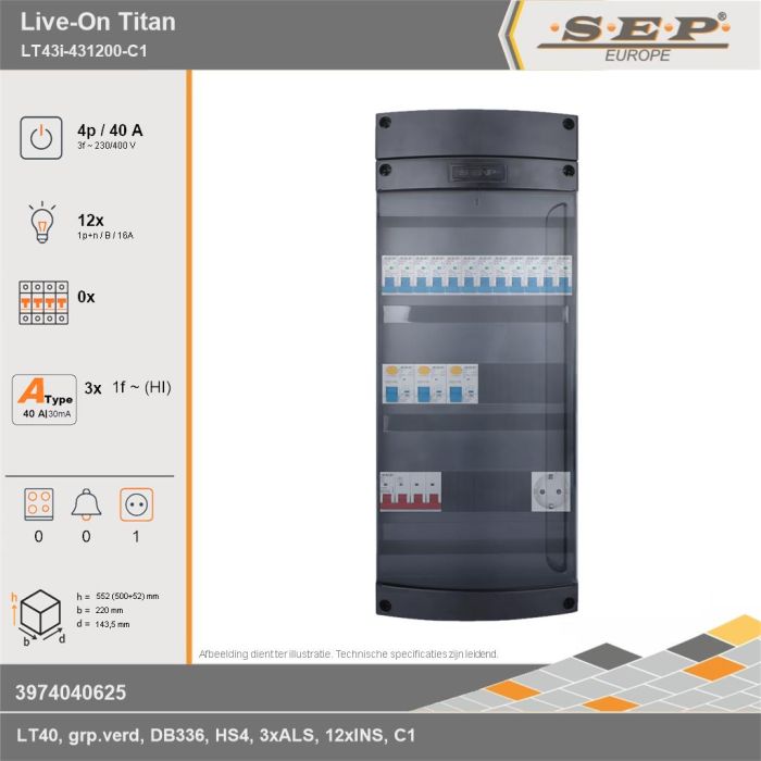 SEP Europe - Live-On Titan, LT43i-431200-C1, 40A, 3-fase groepenkast, 12-lichtgroepen,  1V-contactdoos, technische gegevens