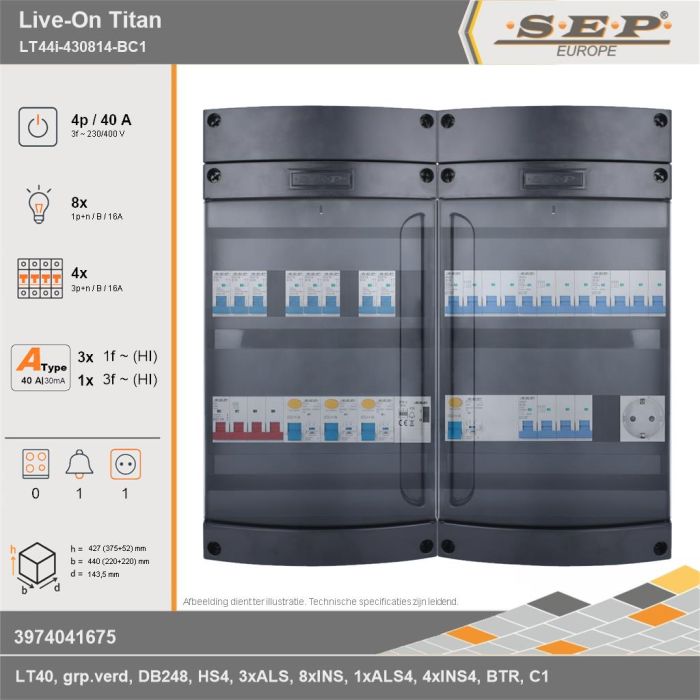 SEP Europe - Live-On Titan, LT44i-430814-BC1, 40A, 3-fase groepenkast, 8-lichtgroepen, 4-krachtgroepen, 1-beltrafo,  1V-contactdoos, technische gegevens
