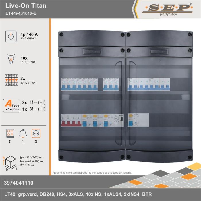 SEP Europe - Live-On Titan, LT44i-431012-B, 40A, 3-fase groepenkast, 10-lichtgroepen, 2-krachtgroepen, 1-beltrafo, technische gegevens