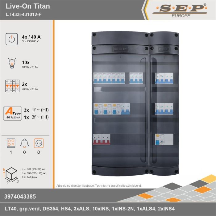 SEP Europe - Live-On Titan, LT433i-431012-F, 40A, 3-fase groepenkast, 10-lichtgroepen, 2-krachtgroepen, 1-fornuisgroep, technische gegevens