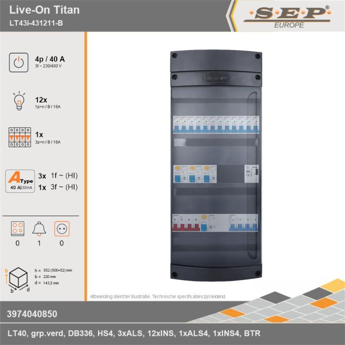 SEP Europe - Live-On Titan, LT43i-431211-B, 40A, 3-fase groepenkast, 12-lichtgroepen, 1-krachtgroepen, 1-beltrafo, technische gegevens