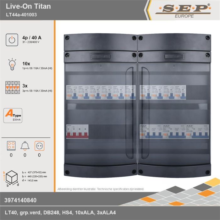 SEP Europe - Live-On Titan, LT44a-401003, 40A, 3-fase groepenkast, 10-lichtgroepen, 3-krachtgroepen, technische gegevens