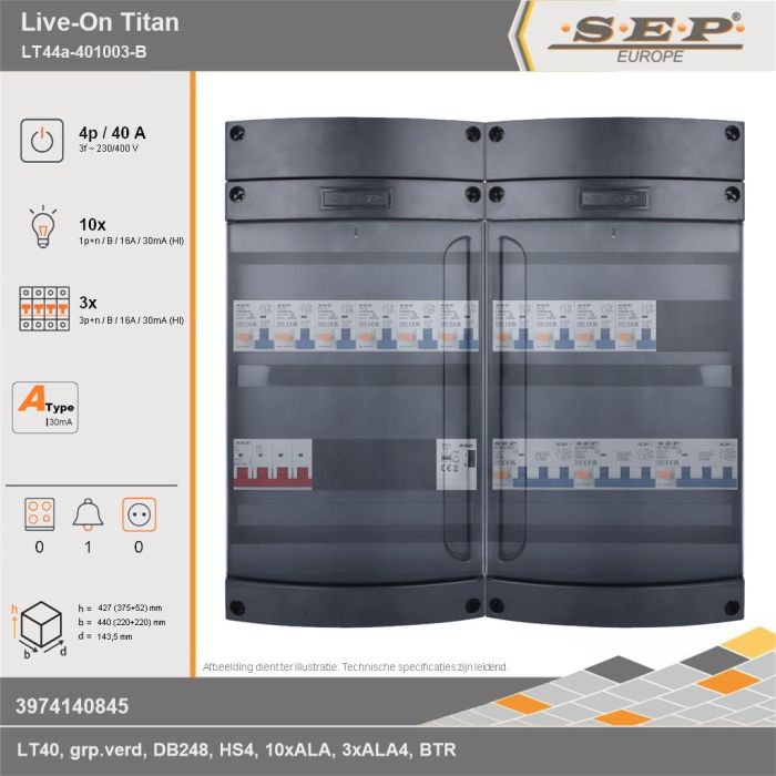 SEP Europe - Live-On Titan, LT44a-401003-B, 40A, 3-fase groepenkast, 10-lichtgroepen, 3-krachtgroepen, 1-beltrafo, technische gegevens