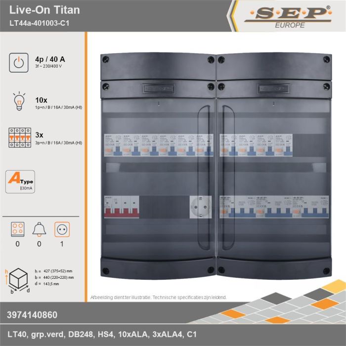 SEP Europe - Live-On Titan, LT44a-401003-C1, 40A, 3-fase groepenkast, 10-lichtgroepen, 3-krachtgroepen,  1V-contactdoos, technische gegevens