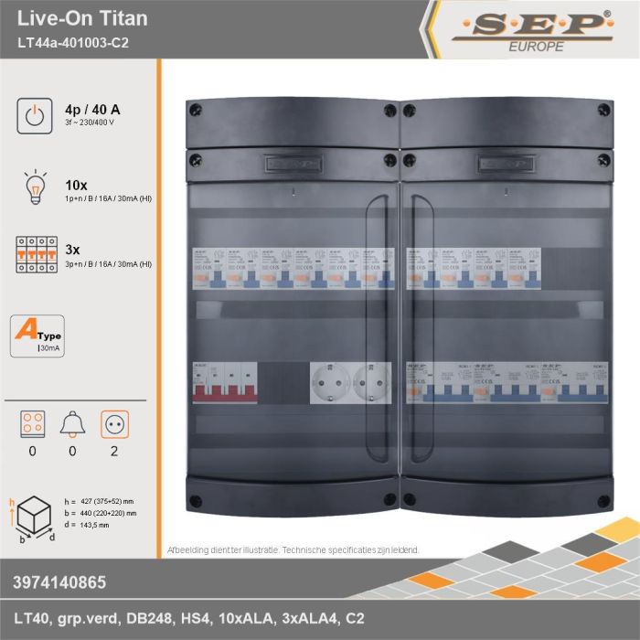 SEP Europe - Live-On Titan, LT44a-401003-C2, 40A, 3-fase groepenkast, 10-lichtgroepen, 3-krachtgroepen,  2V-contactdoos, technische gegevens