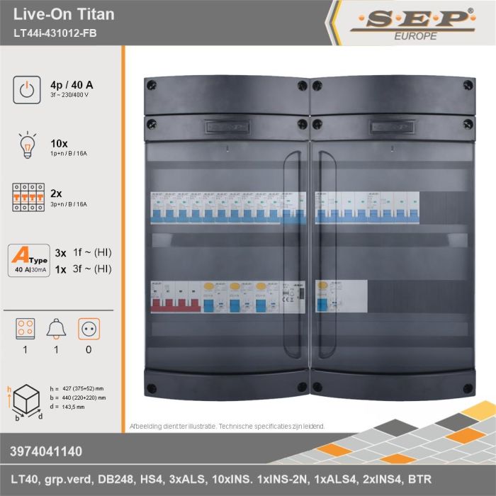 SEP Europe - Live-On Titan, LT44i-431012-FB, 40A, 3-fase groepenkast, 10-lichtgroepen, 2-krachtgroepen, 1-fornuisgroep, 1-beltrafo, technische gegevens