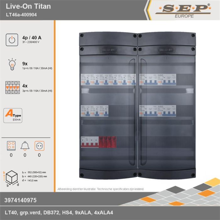 SEP Europe - Live-On Titan, LT46a-400904, 40A, 3-fase groepenkast, 9-lichtgroepen, 4-krachtgroepen, technische gegevens