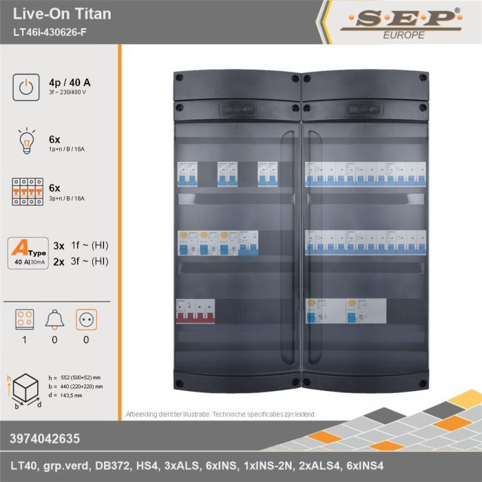 SEP Europe - Live-On Titan, LT46i-430626-F, 40A, 3-fase groepenkast, 6-lichtgroepen, 6-krachtgroepen, 1-fornuisgroep, technische gegevens