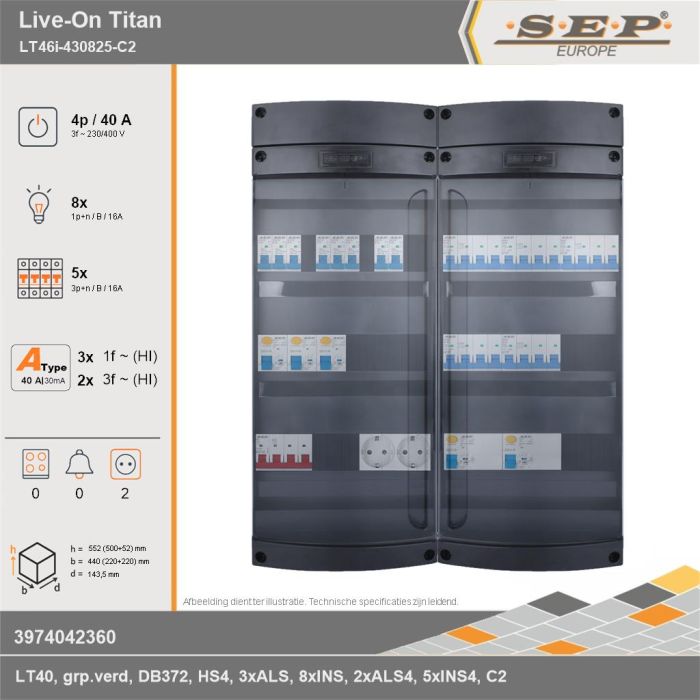 SEP Europe - Live-On Titan, LT46i-430825-C2, 40A, 3-fase groepenkast, 8-lichtgroepen, 5-krachtgroepen,  2V-contactdoos, technische gegevens