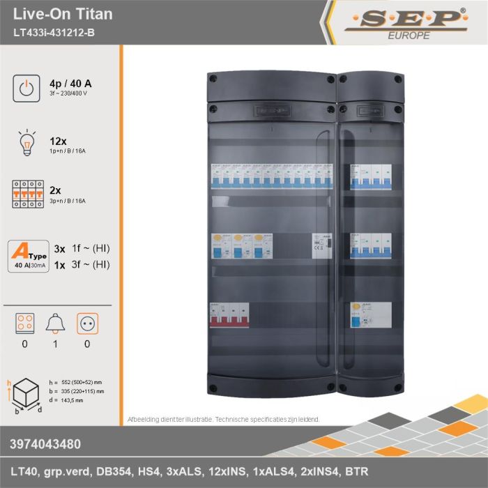 SEP Europe - Live-On Titan, LT433i-431212-B, 40A, 3-fase groepenkast, 12-lichtgroepen, 2-krachtgroepen, 1-beltrafo, technische gegevens