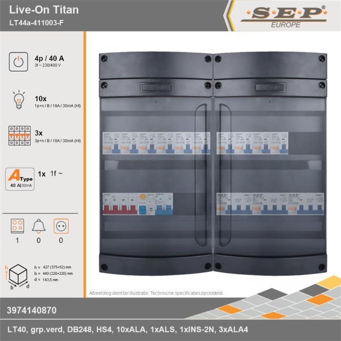 SEP Europe - Live-On Titan, LT44a-411003-F, 40A, 3-fase groepenkast, 10-lichtgroepen, 3-krachtgroepen, 1-fornuisgroep, technische gegevens