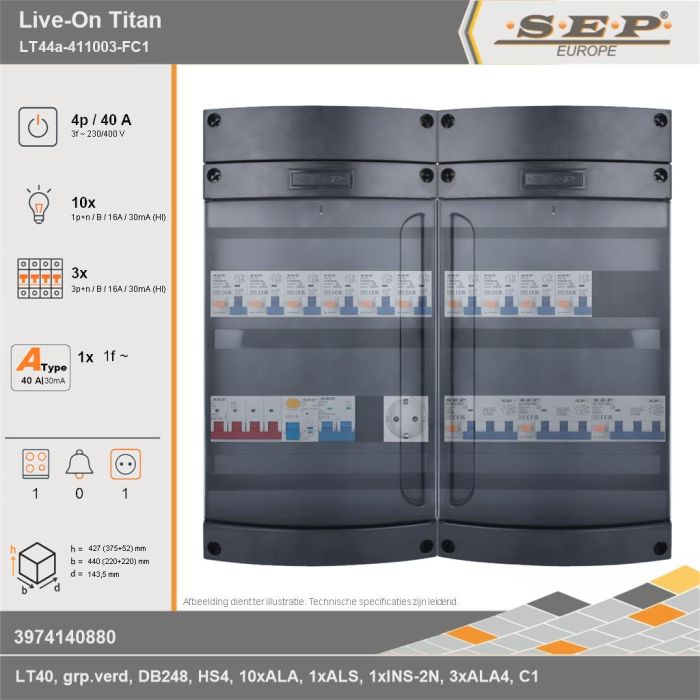 SEP Europe - Live-On Titan, LT44a-411003-FC1, 40A, 3-fase groepenkast, 10-lichtgroepen, 3-krachtgroepen, 1-fornuisgroep,  1V-contactdoos, technische gegevens