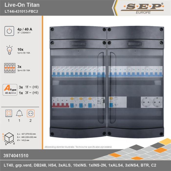 SEP Europe - Live-On Titan, LT44i-431013-FBC2, 40A, 3-fase groepenkast, 10-lichtgroepen, 3-krachtgroepen, 1-fornuisgroep, 1-beltrafo,  2V-contactdoos, technische gegevens
