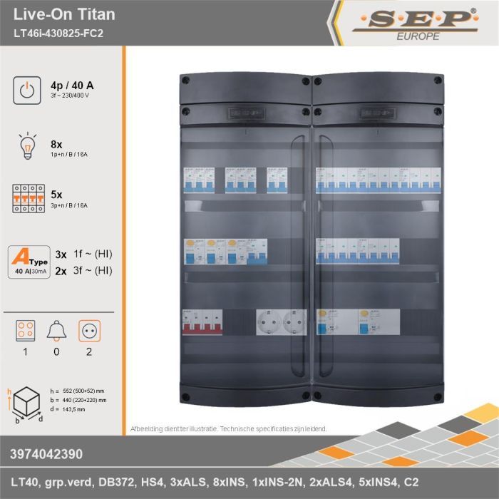 SEP Europe - Live-On Titan, LT46i-430825-FC2, 40A, 3-fase groepenkast, 8-lichtgroepen, 5-krachtgroepen, 1-fornuisgroep,  2V-contactdoos, technische gegevens