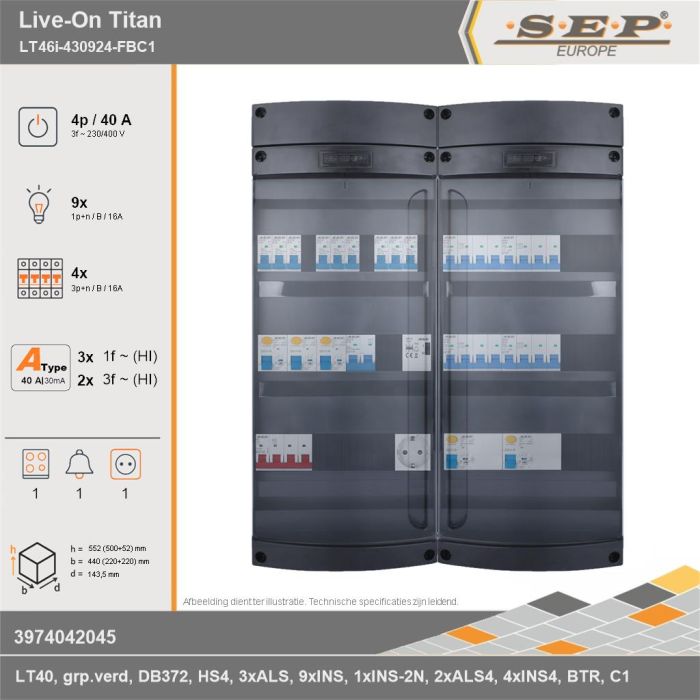 SEP Europe - Live-On Titan, LT46i-430924-FBC1, 40A, 3-fase groepenkast, 9-lichtgroepen, 4-krachtgroepen, 1-fornuisgroep, 1-beltrafo,  1V-contactdoos, technische gegevens