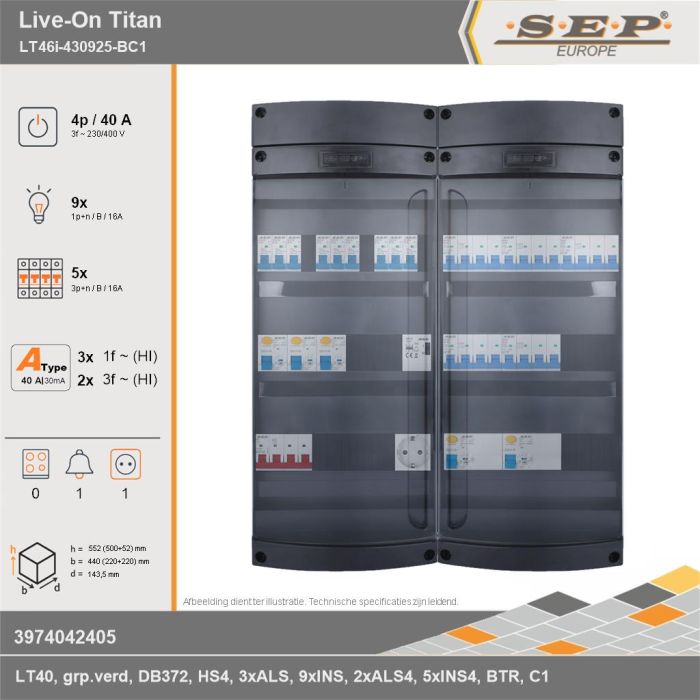 SEP Europe - Live-On Titan, LT46i-430925-BC1, 40A, 3-fase groepenkast, 9-lichtgroepen, 5-krachtgroepen, 1-beltrafo,  1V-contactdoos, technische gegevens