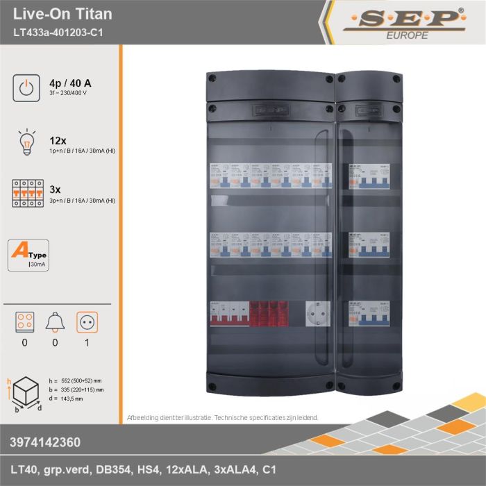 SEP Europe - Live-On Titan, LT433a-401203-C1, 40A, 3-fase groepenkast, 12-lichtgroepen, 3-krachtgroepen,  1V-contactdoos, technische gegevens