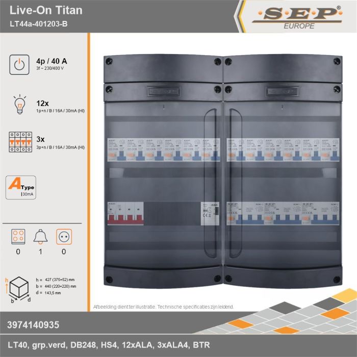 SEP Europe - Live-On Titan, LT44a-401203-B, 40A, 3-fase groepenkast, 12-lichtgroepen, 3-krachtgroepen, 1-beltrafo, technische gegevens