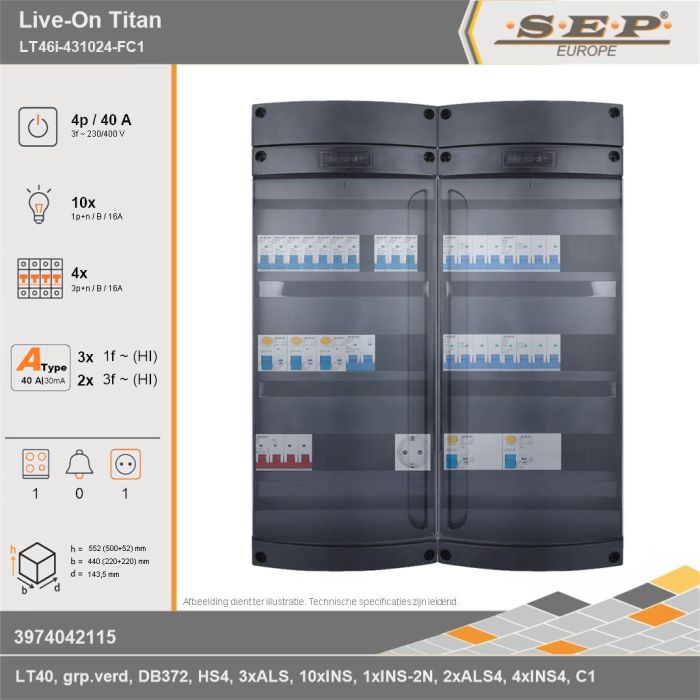 SEP Europe - Live-On Titan, LT46i-431024-FC1, 40A, 3-fase groepenkast, 10-lichtgroepen, 4-krachtgroepen, 1-fornuisgroep,  1V-contactdoos, technische gegevens