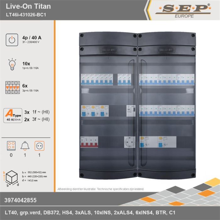 SEP Europe - Live-On Titan, LT46i-431026-BC1, 40A, 3-fase groepenkast, 10-lichtgroepen, 6-krachtgroepen, 1-beltrafo,  1V-contactdoos, technische gegevens