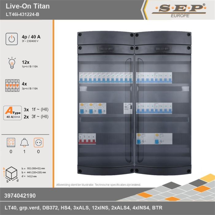 SEP Europe - Live-On Titan, LT46i-431224-B, 40A, 3-fase groepenkast, 12-lichtgroepen, 4-krachtgroepen, 1-beltrafo, technische gegevens