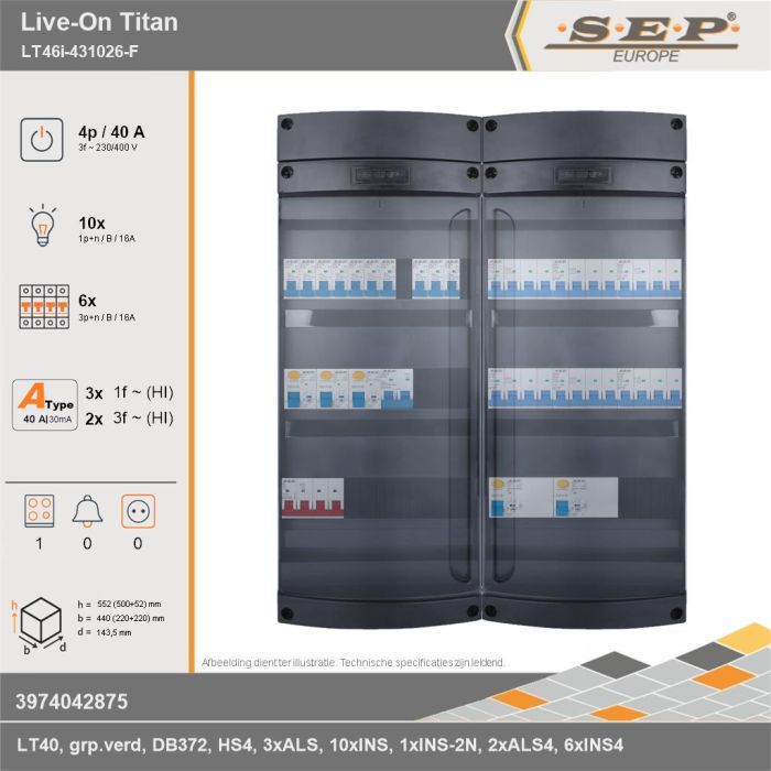 SEP Europe - Live-On Titan, LT46i-431026-F, 40A, 3-fase groepenkast, 10-lichtgroepen, 6-krachtgroepen, 1-fornuisgroep, technische gegevens