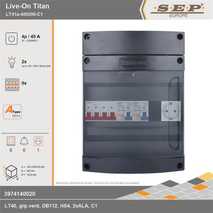 SEP Europe - Live-On Titan, LT41a-400200-C1, 40A, 3-fase groepenkast, 2-lichtgroepen,  1V-contactdoos, technische gegevens