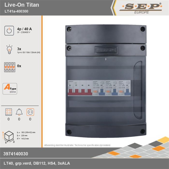 SEP Europe - Live-On Titan, LT41a-400300, 40A, 3-fase groepenkast, 3-lichtgroepen, technische gegevens