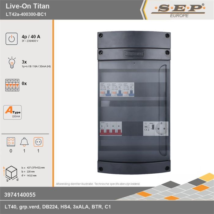 SEP Europe - Live-On Titan, LT42a-400300-BC1, 40A, 3-fase groepenkast, 3-lichtgroepen, 1-beltrafo,  1V-contactdoos, technische gegevens