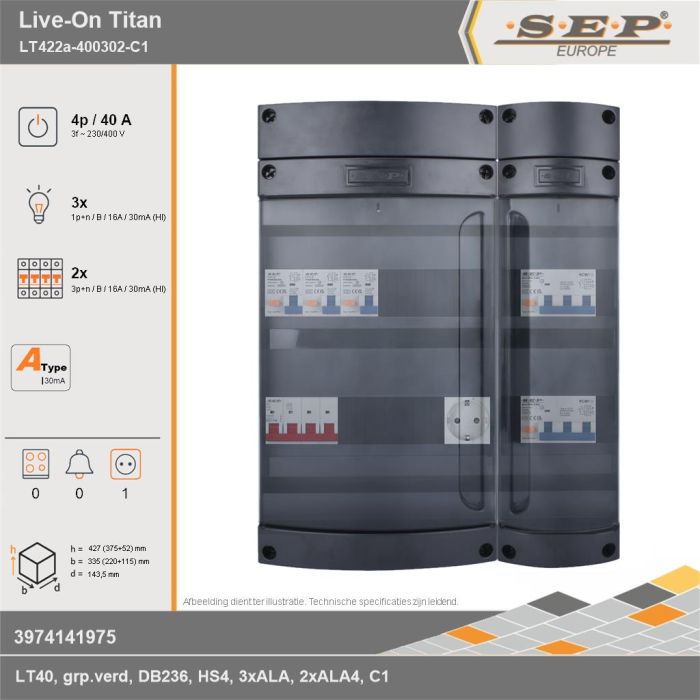 SEP Europe - Live-On Titan, LT422a-400302-C1, 40A, 3-fase groepenkast, 3-lichtgroepen, 2-krachtgroepen,  1V-contactdoos, technische gegevens