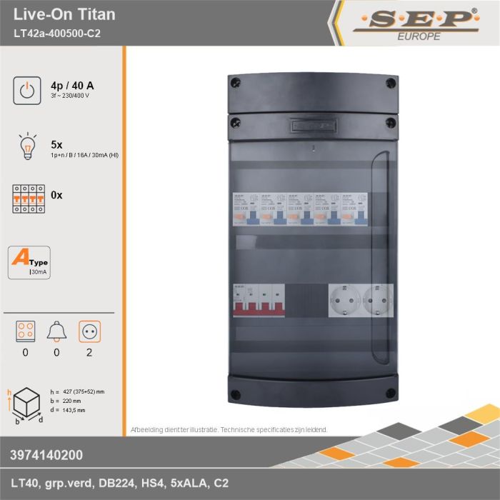 SEP Europe - Live-On Titan, LT42a-400500-C2, 40A, 3-fase groepenkast, 5-lichtgroepen,  2V-contactdoos, technische gegevens