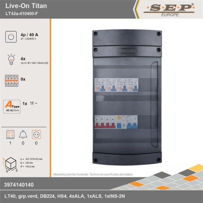 SEP Europe - Live-On Titan, LT42a-410400-F, 40A, 3-fase groepenkast, 4-lichtgroepen, 1-fornuisgroep, technische gegevens