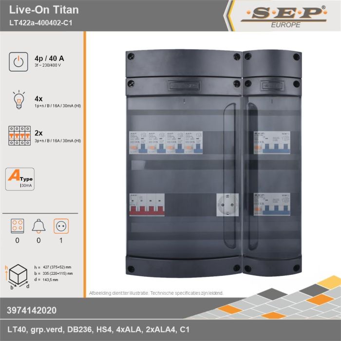 SEP Europe - Live-On Titan, LT422a-400402-C1, 40A, 3-fase groepenkast, 4-lichtgroepen, 2-krachtgroepen,  1V-contactdoos, technische gegevens