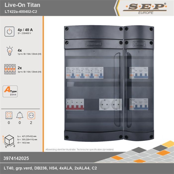 SEP Europe - Live-On Titan, LT422a-400402-C2, 40A, 3-fase groepenkast, 4-lichtgroepen, 2-krachtgroepen,  2V-contactdoos, technische gegevens